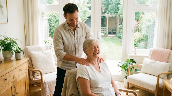Ein Physiotherapeut massiert behutsam die Schultern einer lächelnden älteren Dame in einem lichtdurchfluteten Behandlungsraum. Entspannte und vertrauensvolle Atmosphäre ohne medizinische Geräte im Bild.