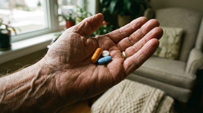 Eine Nahaufnahme von drei verschiedenen Medikamentenkapseln und Tabletten, die in der hohlen Hand eines älteren Menschen liegen. Klarer Fokus auf die Hand und die Tabletten, weicher Hintergrund eines Wohnzimmers, natürliches Licht.