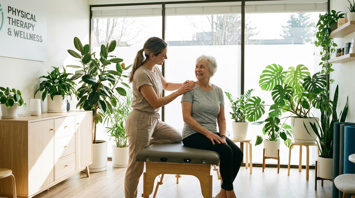 Eine Physiotherapeutin massiert sanft die Schulter einer lächelnden Seniorin in einer hellen, modernen Praxis. Im Hintergrund stehen grüne Pflanzen. Entspannte und professionelle Szene.