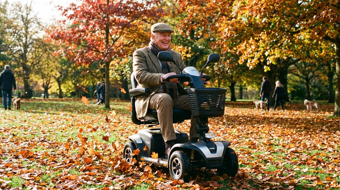 Ein fröhlicher Senior fährt mit einem modernen Elektromobil durch einen herbstlichen Park mit bunten Blättern. Er trägt eine warme Jacke und lächelt entspannt. Klare, realistische Fotografie im Freien.