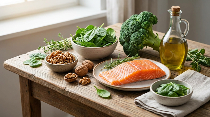 Ein rustikaler Holztisch mit einer bunten Auswahl an frischen, entzündungshemmenden Lebensmitteln: Lachsfilet, Walnüsse, frischer Spinat, Brokkoli und eine Flasche Olivenöl. Hochwertige Food-Fotografie, appetitlich angerichtet.