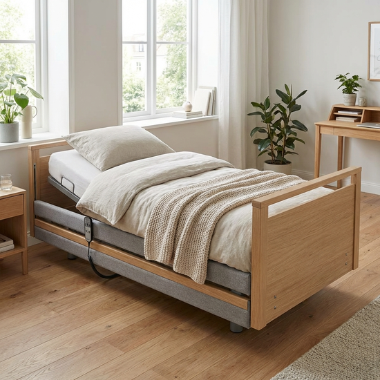 Ein modernes, elektrisch höhenverstellbares Pflegebett mit dezenten, abgeklappten Seitengittern, das wie ein normales gemütliches Wohnraumbett aussieht, platziert in einem aufgeräumten Zimmer.