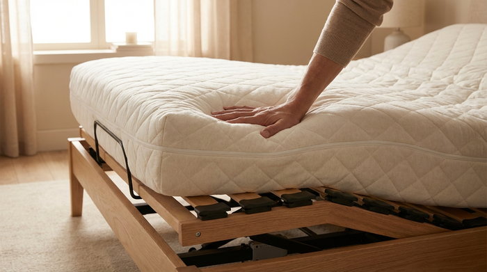 Nahaufnahme einer hochwertigen, viscoelastischen Matratze auf einem leicht hochgefahrenen, elektrischen Lattenrost. Die Szene ist sanft beleuchtet und strahlt hohen Komfort und Druckentlastung aus.