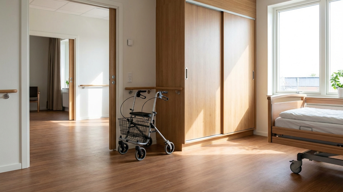 Ein barrierefreies Schlafzimmer mit einem glatten, rutschfesten Vinylboden völlig ohne Teppiche. Ein moderner Rollator steht sicher und griffbereit neben einem gut erreichbaren Kleiderschrank aus Holz.