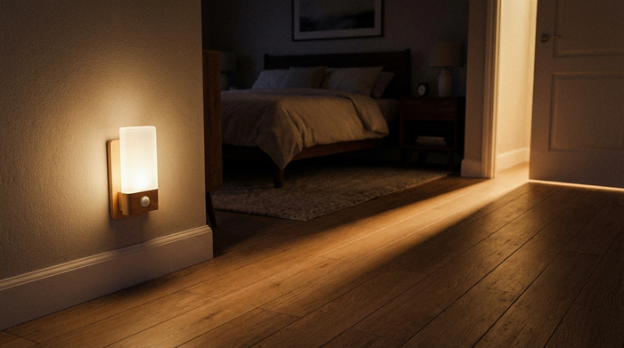 Ein sanft leuchtendes LED-Nachtlicht mit Bewegungsmelder, das direkt über der Fußleiste eines Schlafzimmers angebracht ist und den Weg zur leicht geöffneten Tür im Dunkeln sicher und blendfrei ausleuchtet.