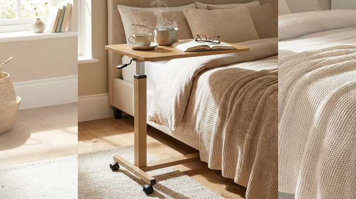 Ein praktischer, höhenverstellbarer Pflegenachttisch mit einer schwenkbaren Holz-Tischplatte, der über ein gemütliches Bett ragt. Auf dem Tisch stehen eine Teetasse und ein aufgeschlagenes Buch.