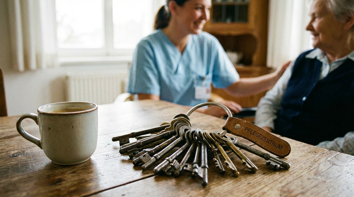 Ein großer, schwerer Schlüsselbund mit vielen verschiedenen Schlüsseln liegt auf einem Holztisch neben einer Tasse Kaffee. Im Hintergrund ist unscharf eine Pflegekraft in hellblauer Berufskleidung zu erkennen. Realistische Szene, natürliches Tageslicht.