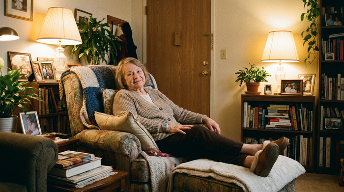 Eine ältere Frau sitzt entspannt in einem bequemen Sessel im Wohnzimmer und trägt ein unauffälliges Hausnotruf-Armband am Handgelenk. Im Hintergrund sieht man eine geschlossene Wohnungstür. Warme, sichere Atmosphäre.