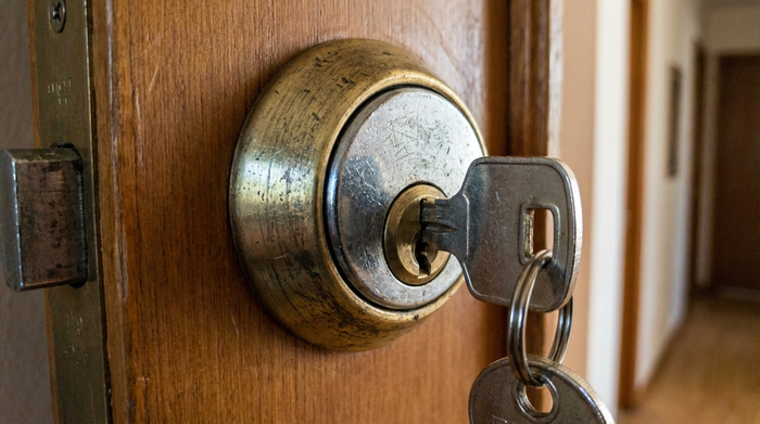 Nahaufnahme eines metallischen Schließzylinders an einer geöffneten Zimmertür. Auf beiden Seiten des Schlosses steckt jeweils ein Schlüssel, um die Not- und Gefahrenfunktion zu demonstrieren. Helle, scharfe Fotografie.