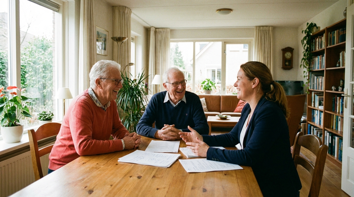 Ein älteres Ehepaar sitzt gemeinsam mit einer Pflegeberaterin an einem Esstisch und bespricht Dokumente. Freundliche, positive Stimmung, helles Wohnzimmer, ohne lesbaren Text auf den Papieren.