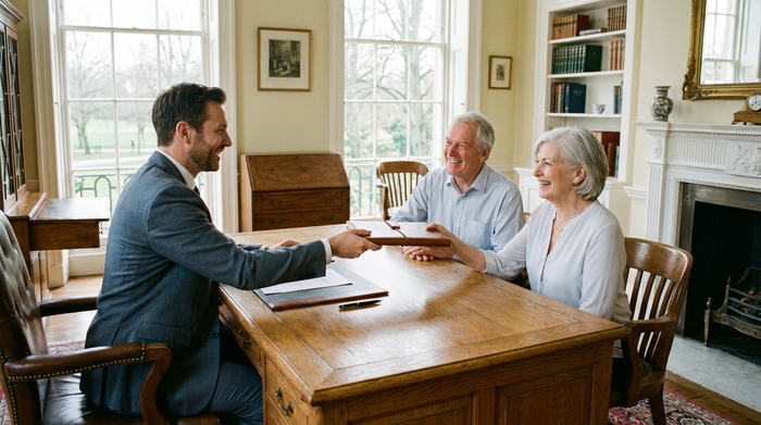 Ein freundlicher Notar in einem eleganten, hellen Büro überreicht einem lächelnden Seniorenpaar ein wichtiges Dokument über einen großen Schreibtisch aus Eichenholz.