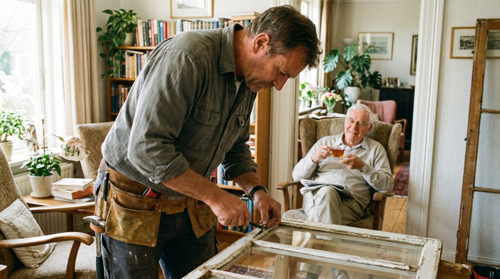 Ein erfahrener Handwerker repariert konzentriert ein Fenster in einem gepflegten Einfamilienhaus, während ein älterer Herr im Hintergrund entspannt und zufrieden zuschaut.
