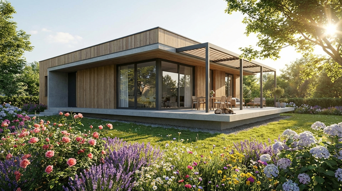 Ein modernes, freistehendes Einfamilienhaus mit einer großen Terrasse und einem wunderschön blühenden Vorgarten an einem sonnigen Nachmittag.