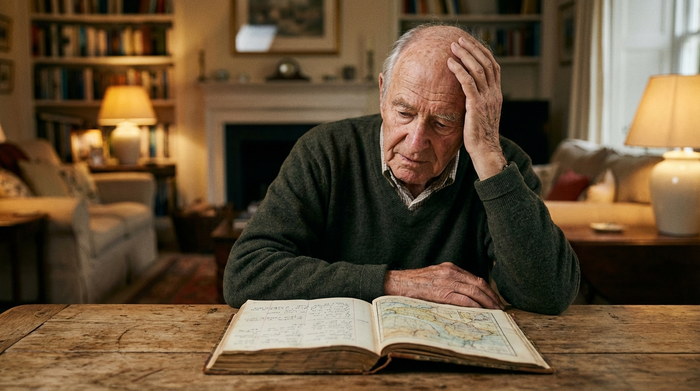 Ein älterer Mann sitzt nachdenklich an einem rustikalen Holztisch, vor ihm liegt ein aufgeschlagenes Buch, im Hintergrund ist ein unscharfes, warm beleuchtetes Wohnzimmer zu sehen.