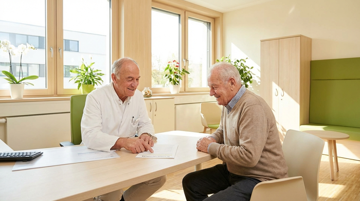 Ein Arzt im weißen Kittel sitzt im Sprechzimmer mit einem älteren Patienten und erklärt ihm freundlich ein Dokument. Fokus auf Vertrauen und ärztliche Beratung, helles und modernes Praxiszimmer.