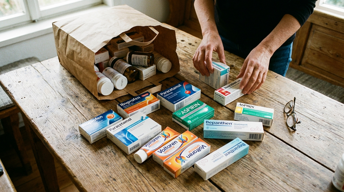 Eine große braune Papiertüte steht auf einem Holztisch, daneben liegen verschiedene Medikamentenschachteln, Tuben und eine Brille ordentlich ausgebreitet. Fokus auf das Sortieren von Medikamenten.