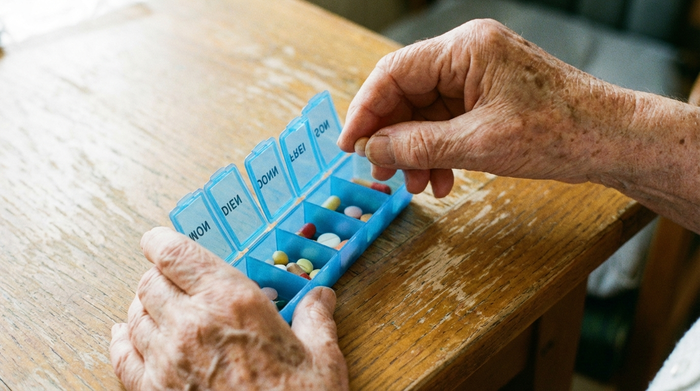 Nahaufnahme der Hände einer älteren Person, die sorgfältig eine blaue Pillendose mit verschiedenen Fächern für die Wochentage befüllt. Helle Beleuchtung, Fokus auf die Hände und die Box.