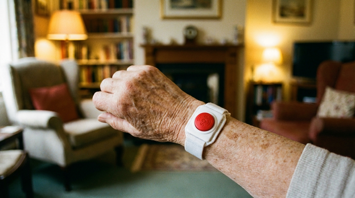 Ein roter Notfallknopf an einem weißen Armband, getragen am Handgelenk einer älteren Person. Im Hintergrund leicht unscharf ein gemütliches Wohnzimmer.