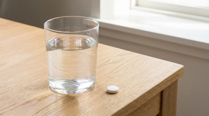 Ein großes Glas klares Wasser steht neben einer einzelnen weißen Tablette auf einem sauberen Holztisch. Natürliches Licht, minimalistische und gesunde Szene.