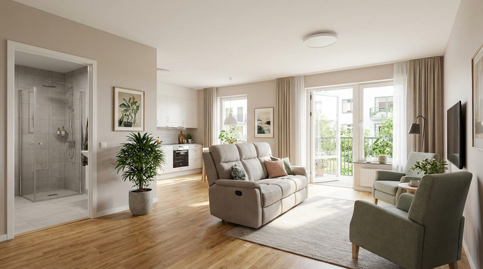 Eine moderne, barrierefreie Wohnung in einer gepflegten Seniorenresidenz. Ein heller Raum mit breiten Türen und gemütlicher Einrichtung ohne Stolperfallen.