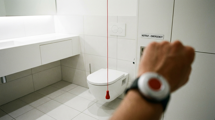 Ein rotes Zugseil für den Notruf hängt in einem modernen, weißen Badezimmer neben der Toilette, während im Vordergrund unscharf ein moderner Notruf-Knopf am Handgelenk einer Person zu sehen ist.