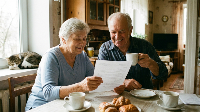 Ein älteres Ehepaar sitzt gemeinsam am Esstisch und schaut zufrieden auf ein Dokument, während sie entspannt eine Tasse Kaffee trinken. Die Stimmung ist erleichtert und fröhlich.