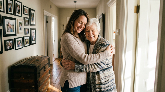 Eine liebevolle Umarmung zwischen einer erwachsenen Tochter und ihrer älteren Mutter im Flur einer Wohnung. Beide lächeln glücklich und entspannt, was ein Gefühl von Sicherheit und Verbundenheit ausstrahlt.