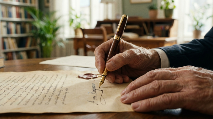 Nahaufnahme von Händen einer älteren Person, die mit einem edlen Füllfederhalter ein wichtiges Dokument unterschreibt. Im Hintergrund ist verschwommen ein helles, freundliches Arbeitszimmer zu erkennen.