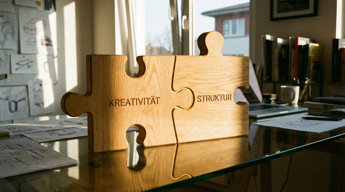 Zwei ineinandergreifende Puzzleteile aus hellem Holz auf einem gläsernen Schreibtisch, beleuchtet von warmem Sonnenlicht, die die perfekte Ergänzung zweier wichtiger Elemente symbolisieren.