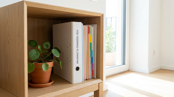 Ein ordentlicher, gut sortierter Aktenordner mit farbigen Registern steht griffbereit in einem modernen, hellen Regal neben einer kleinen grünen Zimmerpflanze.