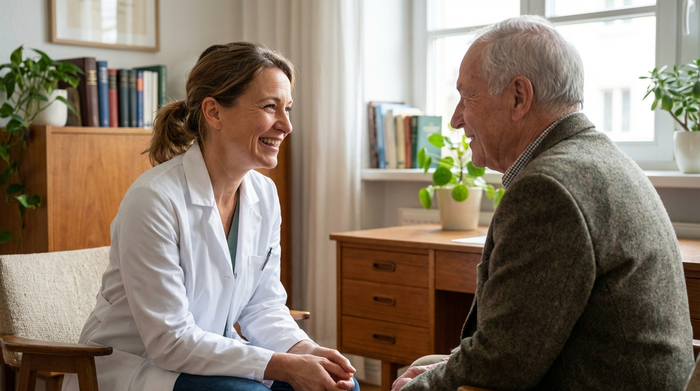 Eine freundliche Ärztin in weißem Kittel sitzt im Sprechzimmer einem älteren Herrn gegenüber. Beide lächeln und führen ein vertrauensvolles, ruhiges Gespräch auf Augenhöhe.