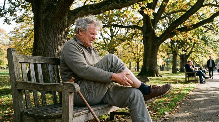 Ein älterer Herr mit grauem Haar massiert sich mit schmerzverzerrtem, aber gefasstem Gesichtsausdruck die Wade, während er auf einer gemütlichen Parkbank unter großen Bäumen sitzt.
