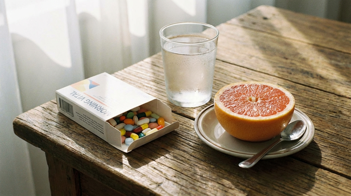 Eine geöffnete Medikamentenbox mit verschiedenen bunten Tabletten liegt auf einem Holztisch, daneben steht ein Glas Wasser und ein halbiertes Stück Grapefruit. Alles ist ordentlich und sauber arrangiert.