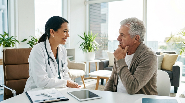 Eine vertrauenswürdige Ärztin im weißen Kittel sitzt einem älteren Patienten in einem hellen, freundlichen Sprechzimmer gegenüber und bespricht mit ihm aufmerksam die weitere Behandlung.
