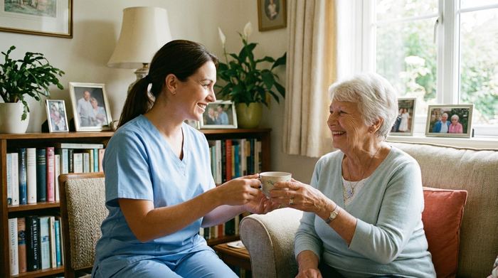Eine freundliche Pflegekraft in hellblauer Berufskleidung reicht einer lächelnden älteren Dame im gemütlichen Wohnzimmer eine Tasse Tee, beide strahlen Vertrauen und Geborgenheit aus.