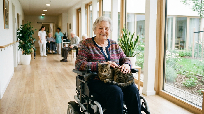 Eine lächelnde ältere Dame im Rollstuhl streichelt eine entspannte getigerte Katze auf ihrem Schoß. Im Hintergrund sieht man den hellen Flur einer modernen Senioreneinrichtung, freundliche und saubere Umgebung, fotorealistisch.