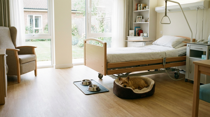 Ein ordentliches, helles Pflegeheimzimmer mit einem sauberen Hundekörbchen und zwei Futternäpfen auf einer kleinen Schutzmatte. Ein kleiner Terrier schläft friedlich im Körbchen. Aufgeräumte, hygienische und ruhige Umgebung.