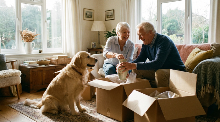 Ein älteres Ehepaar packt gemeinsam Umzugskartons, während ein Golden Retriever ruhig daneben sitzt und aufmerksam zuschaut. Helles, sonniges Wohnzimmer, Vorfreude und entspannte Stimmung, realistische Szene.