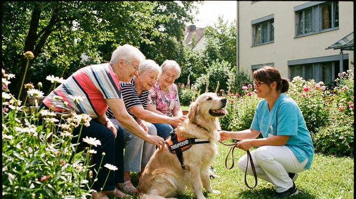 Eine kleine Gruppe von fröhlichen Senioren sitzt im grünen Garten eines Pflegeheims und streichelt einen freundlichen Therapiehund, der von einer Betreuerin geführt wird. Sonniges Wetter, harmonische Stimmung.