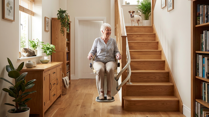 Eine ältere Frau fährt mit einem modernen Treppenlift sicher die Holztreppe hinauf, während ihr kleiner Hund freudig am oberen Ende der Treppe wartet. Helles, gemütliches Einfamilienhaus, sauberes Umfeld.