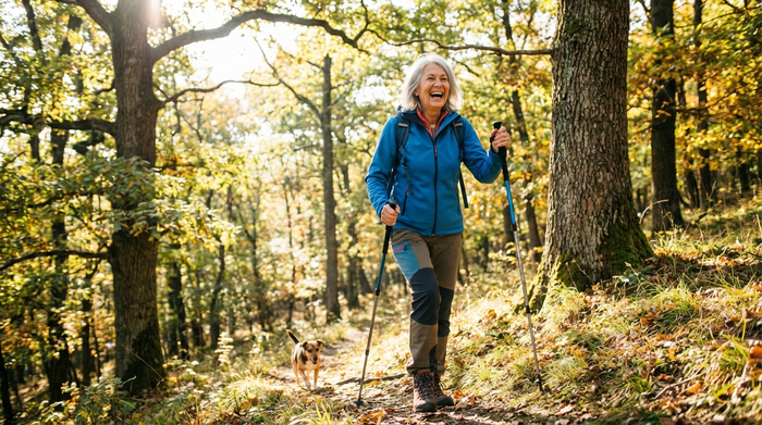 Eine vitale Seniorin mit silbernem Haar wandert energisch einen sanften, sonnigen Waldweg hinauf, gestützt auf Wanderstöcke. Sie trägt moderne Outdoor-Kleidung und strahlt Lebensfreude aus.
