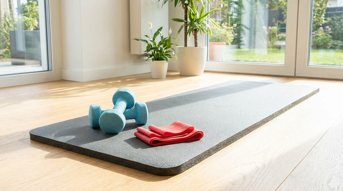 Ein Paar leichte, blaue Kurzhanteln und ein rotes Theraband liegen ordentlich auf einer dicken, grauen Gymnastikmatte in einem sauberen, lichtdurchfluteten Raum mit Holzfußboden.