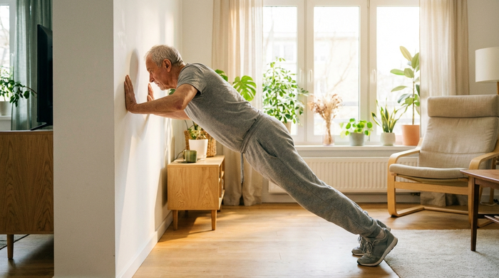 Ein konzentrierter älterer Mann in bequemer Sportkleidung stützt sich mit geradem Rücken und beiden Händen an einer weißen Wand ab, um Wandliegestütze auszuführen. Der Raum ist hell und freundlich.