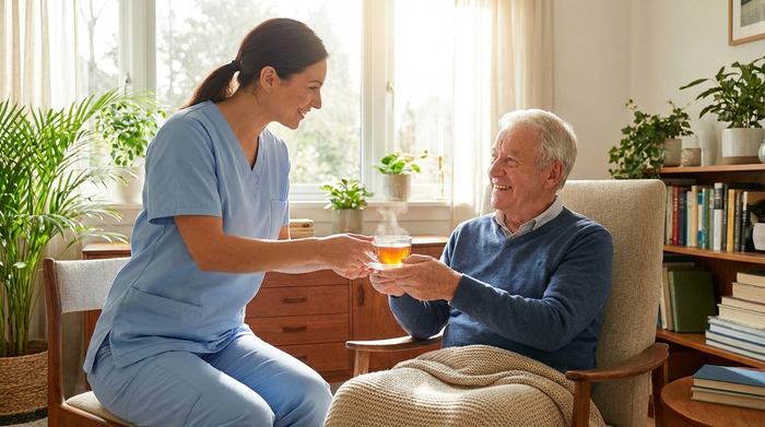 Eine freundliche Pflegekraft in hellblauer Berufskleidung reicht einem lächelnden Senior eine Tasse Tee im hellen Wohnzimmer.
