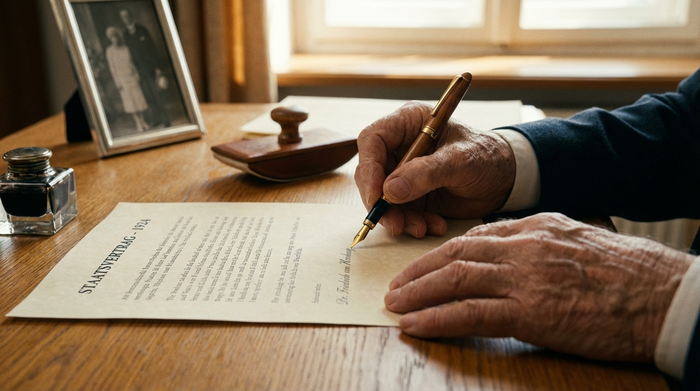 Eine Nahaufnahme von älteren Händen, die mit einem edlen Füllfederhalter ein offizielles Dokument auf einem aufgeräumten Schreibtisch unterschreiben.