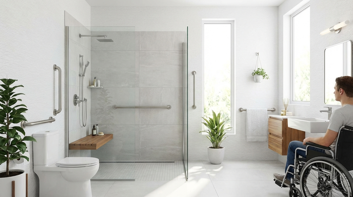 Ein helles, modernes und barrierefreies Badezimmer mit einer großzügigen, bodengleichen Dusche und eleganten Haltegriffen an den Wänden.