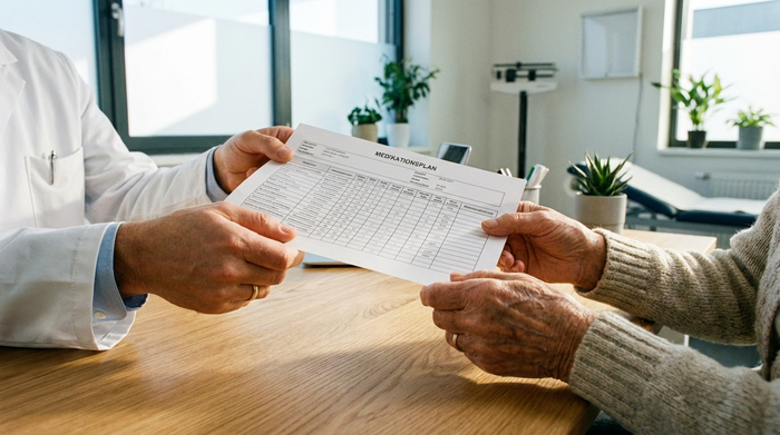 Ein detaillierter Blick auf die Hände eines Arztes, der einem älteren Patienten ein gedrucktes, tabellarisches Dokument überreicht. Die Umgebung ist eine helle, moderne und vertrauensvolle Arztpraxis.