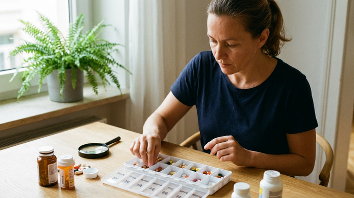 Eine konzentrierte Pflegekraft befüllt an einem sauberen Holztisch systematisch einen großen Wochendispenser mit verschiedenen Kapseln. Im Hintergrund steht unscharf eine grüne Zimmerpflanze.