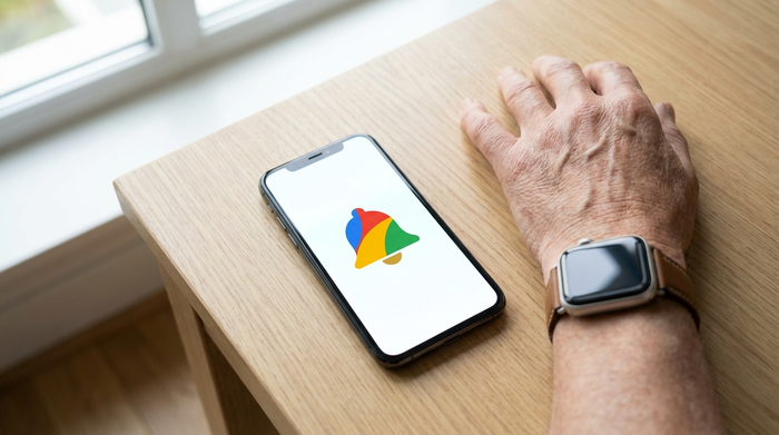 Ein modernes Smartphone liegt auf einem hellen Tisch, auf dem leuchtenden Display ist ein farbiges Glocken-Symbol zu sehen. Daneben ruht eine elegante Smartwatch am Handgelenk eines Seniors.