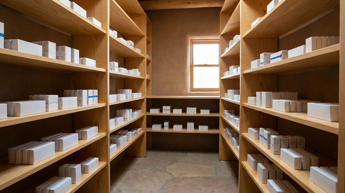 Ein aufgeräumter, kühler Vorratsschrank aus hellem Holz, in dem ordentlich aufgereihte, unbeschriftete Medikamentenschachteln stehen. Die Umgebung wirkt trocken, schattig und wohlgeordnet.